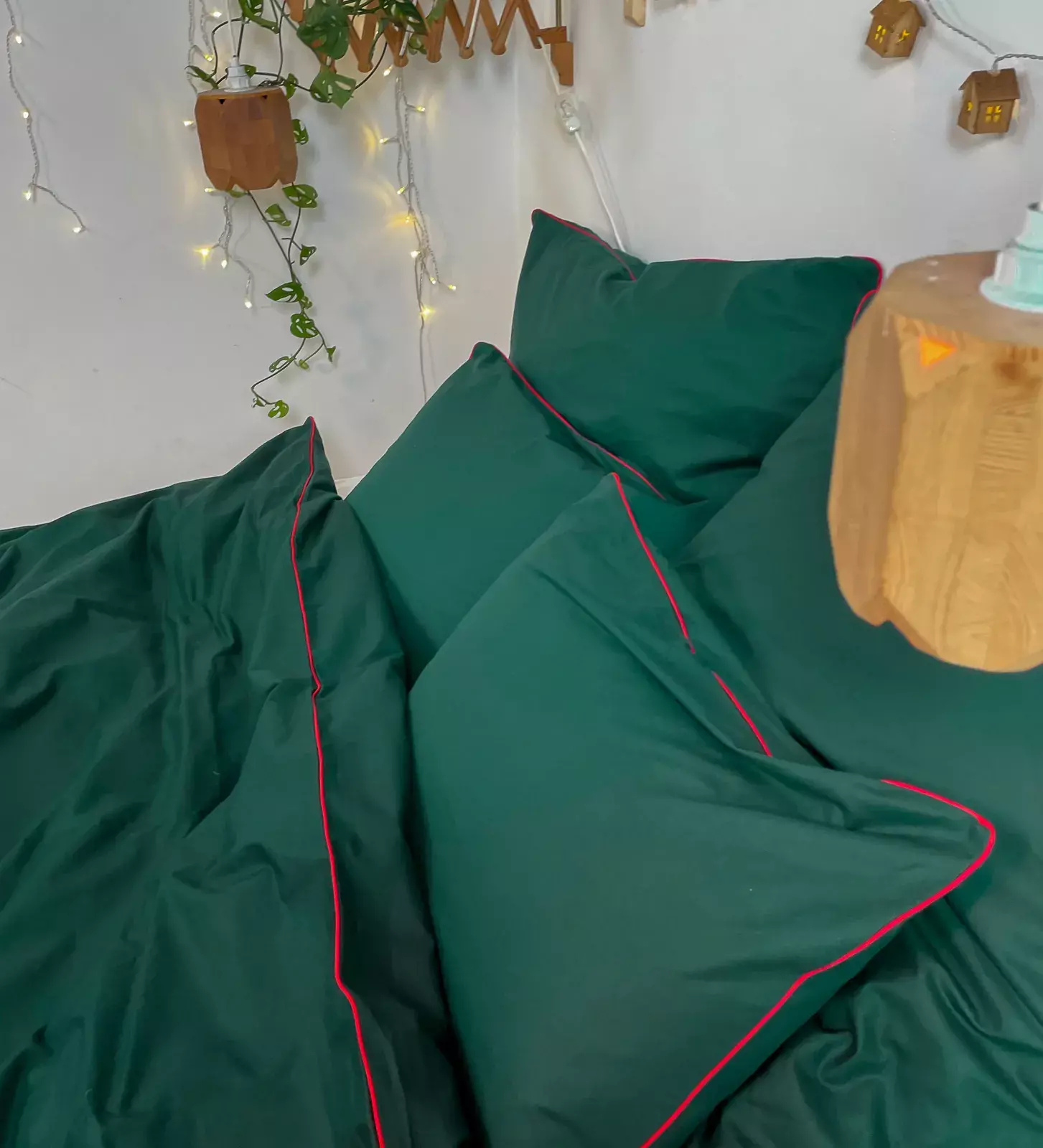 Świąteczna zielona pościel bawełniana z czerwoną lamówką bawełna 100% ręcznie szyta